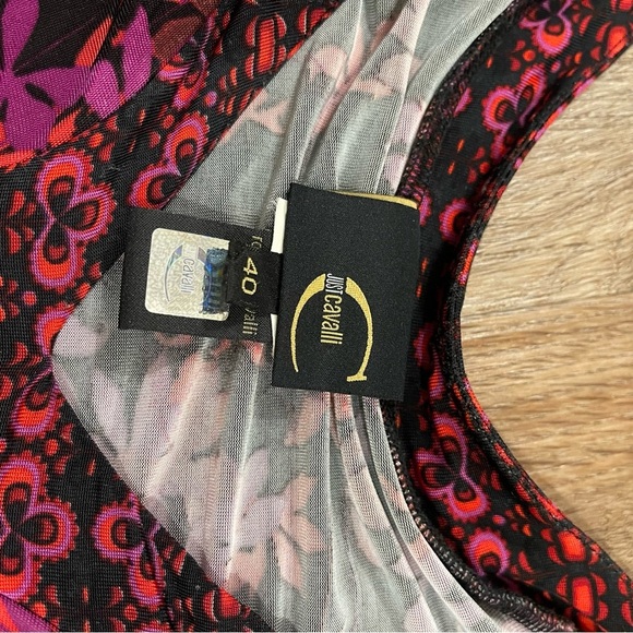 Vtg Y2K Just Cavalli Blouse Women’s 40 Small Black Floral Stretch Designer Italy - Picture 5 of 8